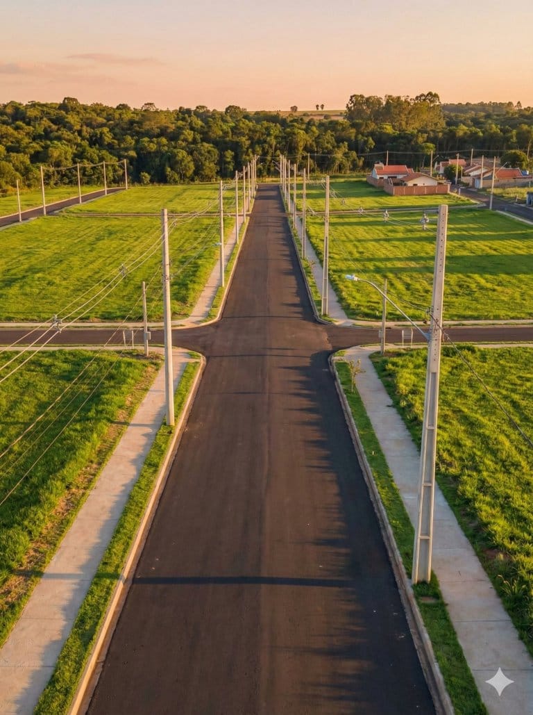 Rua com pavimentação, meio-fio e postes de energia — imagem ilustrativa