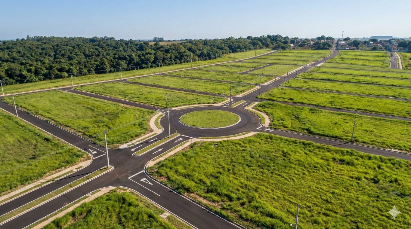 Vista aérea das vias e da rotatória do loteamento — imagem ilustrativa