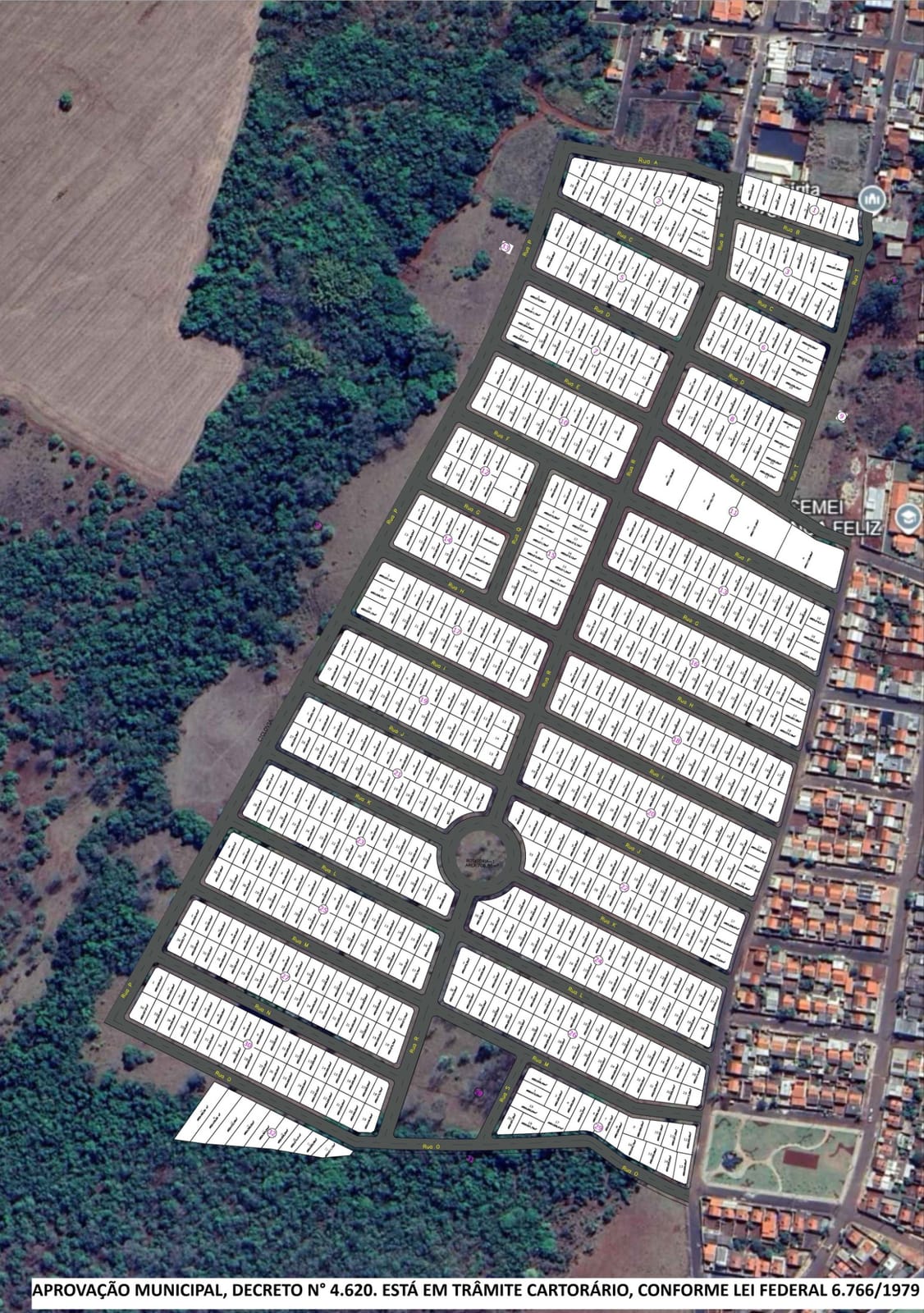 Mapa do Loteamento Parque dos Sonhos com a divisão dos lotes — aprovação municipal (Decreto 4.620), em trâmite cartorário (Lei Federal 6.766/1979)