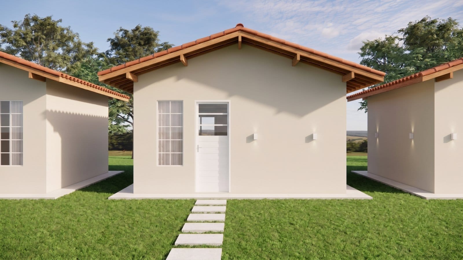 Fachada das casas do Parque dos Sonhos III, em Indianópolis/MG — render 3D do projeto